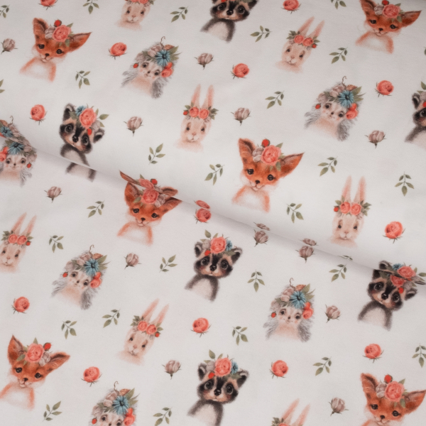 Bomuldsjersey med dyr med blomsterkranse - hvid