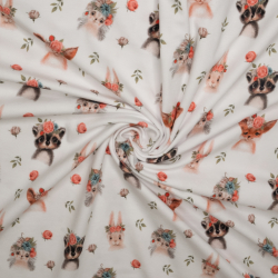 Bomuldsjersey med dyr og blomsterkranse