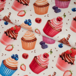 Bomuldsjersey i farven råhvid med cupcakes