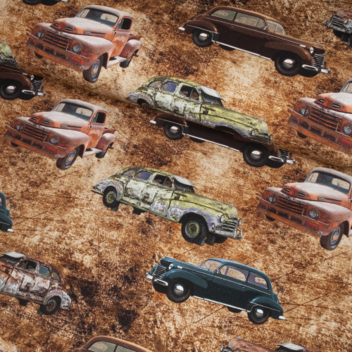 Bomuldsjersey i farven brun med gamle biler
