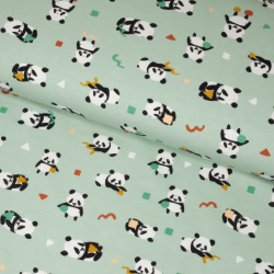 Økologisk bomuldsjersey med legesyge pandaer - lys mint