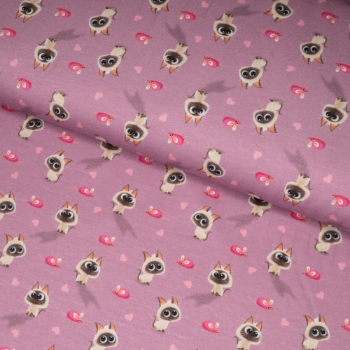 Bomuldsjersey med søde katte og små lyserøde mus på lys lilla baggrund