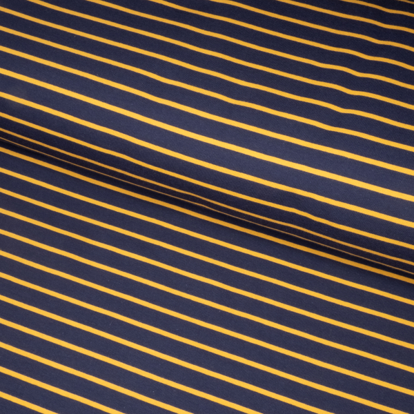 French terry med striber i navy og okker
