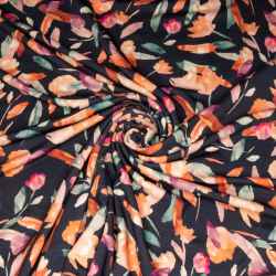 Viscose-jersey - navy baggrund med malede blomster og blade i sarte pastelfarver