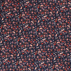 Fast viscose-twill med små blomster på navyblå baggrund