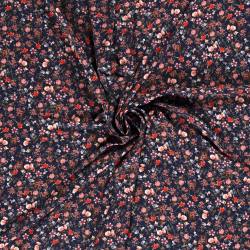 Fast viscose-twill med små, trykte blomster i forskellige farver på navy baggrund