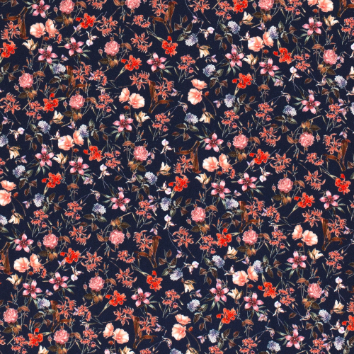 Nærbillede af fast viscose-twill med små blomster på navy baggrund