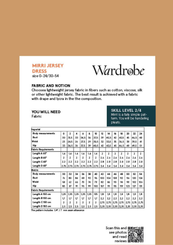 Wardrobe By Me, Mirri Jersey Dress and Top - måltabel og stofforbrug, str. 30-54