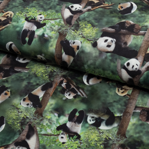 Økologisk bomuldsjersey med billeder af rigtige pandaer, der leger i træer