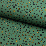 Økologisk soft jogging med leopardprint i sort og okker på grøn baggrund