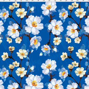 REST, 75 x 160 cm - bomuldsjersey med grene med hvide blomster - mellemblå