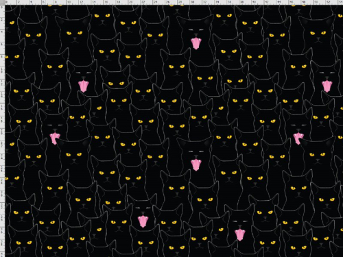 Bomuldsjersey med tegnede katteansigter med gule øjne på sort baggrund. Nogle af kattene har åben mund, der vises med lyserød