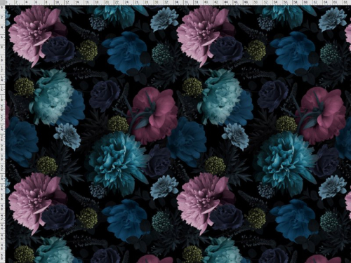 Bomuldsjersey med digitalprint med mauve, lyseblå, mørkeblå og mørk lilla blomster i forskellige størrelser på sort baggrund