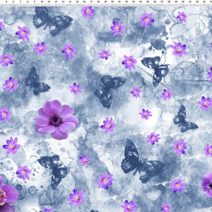 Økologisk bomuldsjersey med sommerfugle og blomster - gråblå