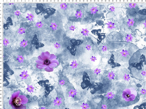 Økologisk bomuldsjersey med gråblå sommerfugle og lilla blomster på gråblå baggrund