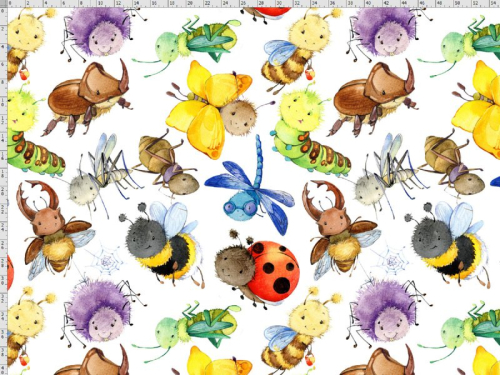 Bomuldsjersey med smilende insekter i akvarelfarver på råhvid baggrund