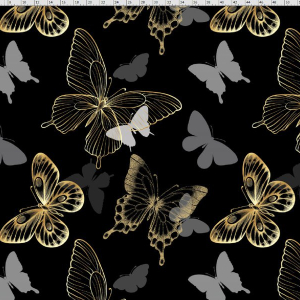Bomuldsjersey med sommerfugle i grå og guld - sort