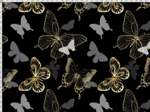 Bomuldsjersey med sommerfugle i grå og guld i forskellige størrelser på sort baggrund