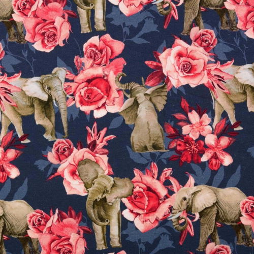 Bomuldsjersey med elefanter og lyserøde roser på marineblå baggrund