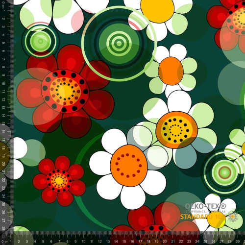 Bomuldsjersey med retroprint med røde og hvide blomster og grønne cirkler på mørkegrøn baggrund