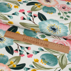 Bomuldsjersey med store blomster - råhvid