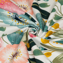 Bomuldsjersey med store blomster - råhvid