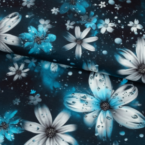 Bomuldsjersey m. blomster og vanddråber - blå