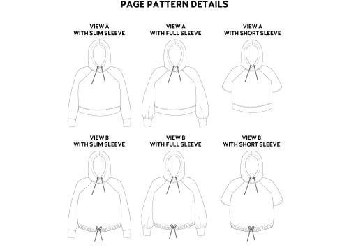 Variationer af hættetrøjemønster set forfra og bagfra.