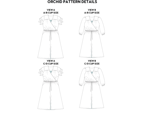 Tegning af de forskellige variationer af Orchid Midi Dress