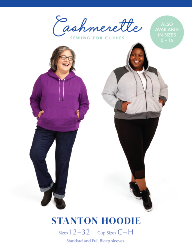 To kvinder, der viser plus-size hættetrøjer, poserer med smil.