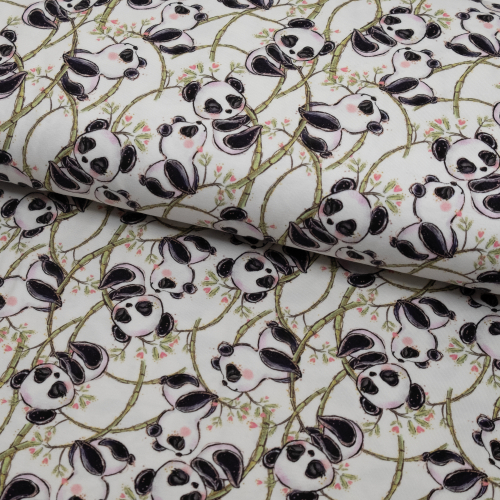 Bomuldsjersey med babypandaer, der klatrer på bambusgrene - råhvid baggrund