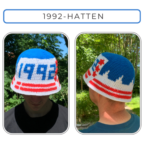 Opskrift på hæklet bøllehat til FCK-fans som pdf fil. Hatten vises på det første billede forfra, og den er blå på toppen, hvid foran med tallene 1992 i blå og på skyggen er der hæklet et dansk flag i rød og hvid. På det andet billede ses den samme bøllehat skråt bagfra. Den er blå på toppen med hvide takker op i det blå felt, og på skyggen er der to røde striber i det hvide garn. 